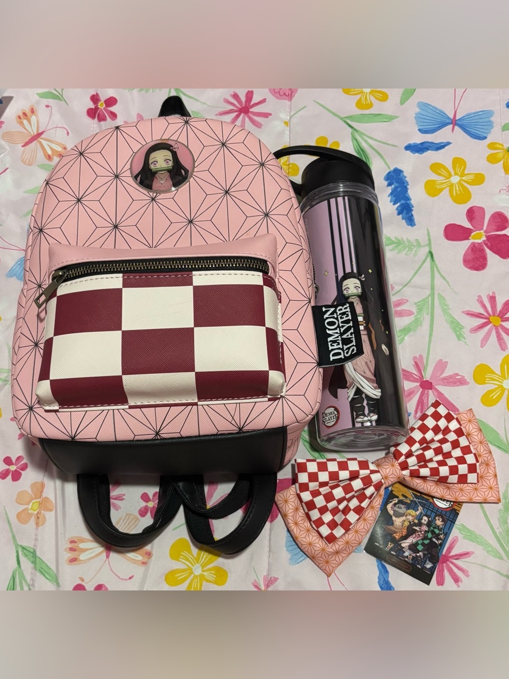 Pink Demon Slayer Nezuko
 Backpack with Checker Pocket Set